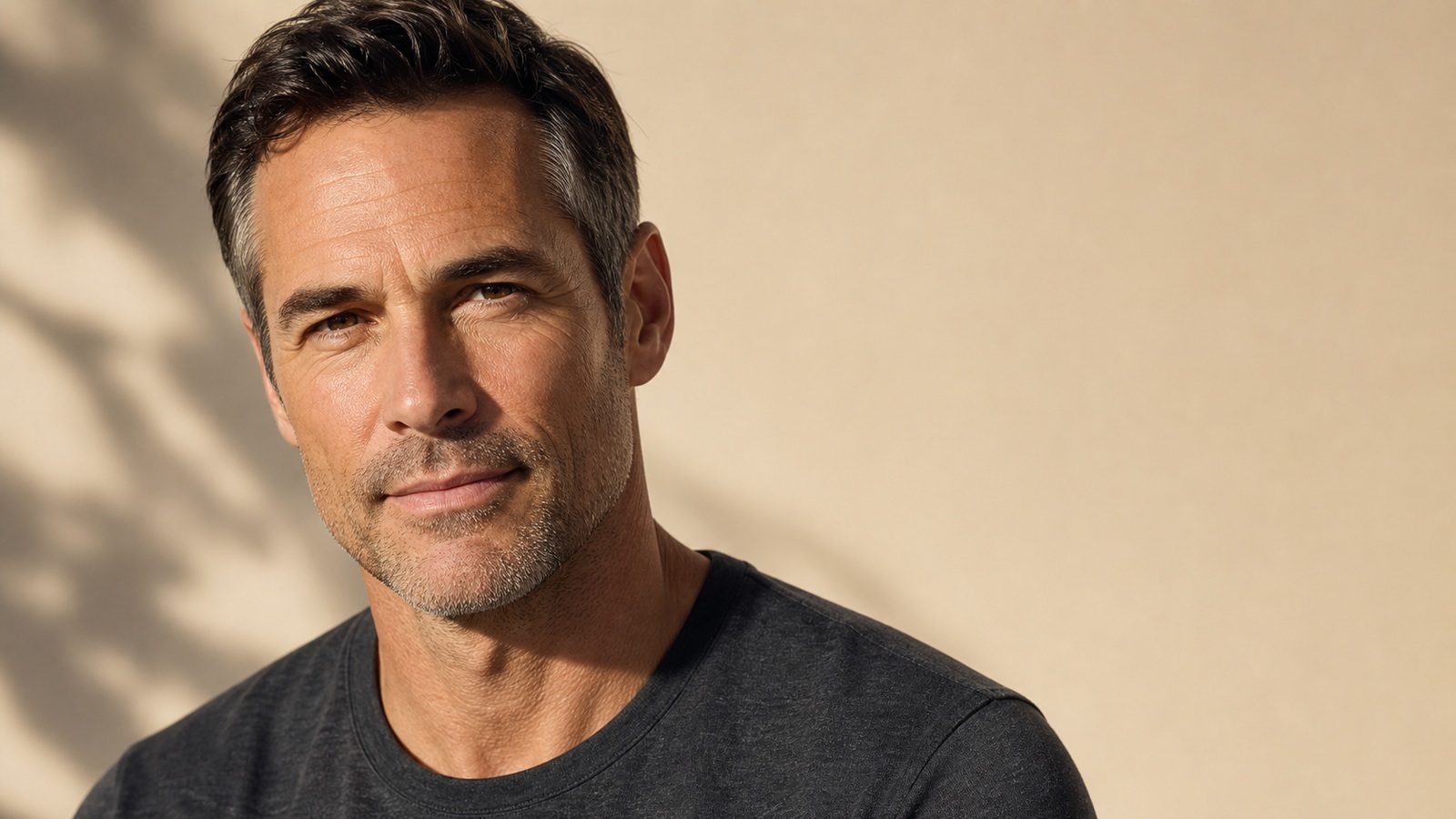 Confident man in his late 40s with healthy, firm-looking skin