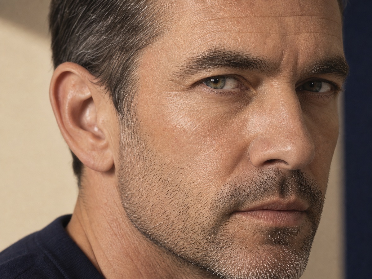 Close-up of a man's face in his early 50s showing natural skin texture along the jawline and eye area