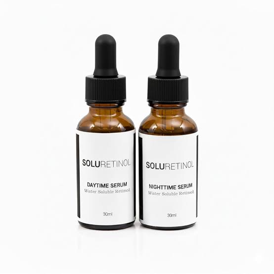 SoluRetinol Daytime Serum and Nighttime Serum — two amber glass dropper bottles