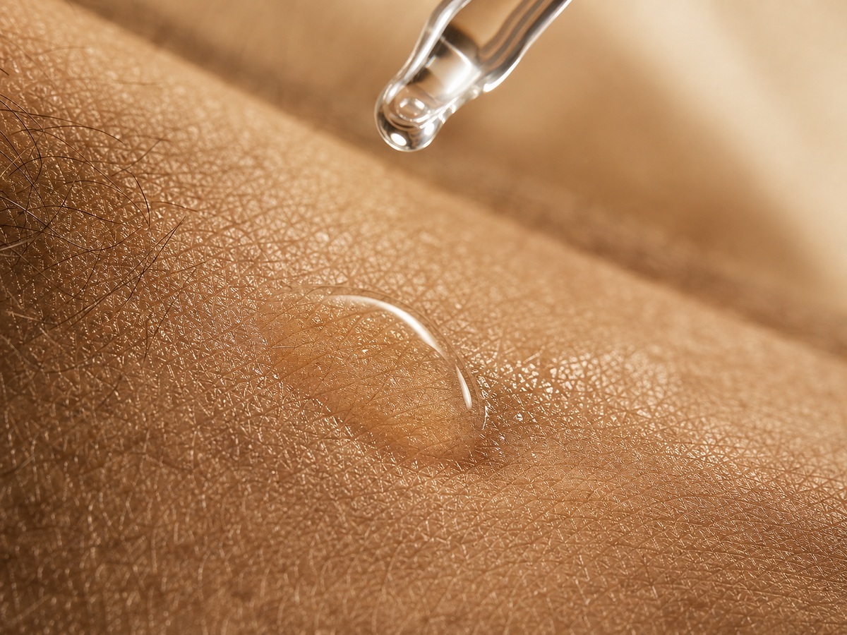 Macro shot of a clear serum droplet on skin beginning its liquid-to-gel transition, dropper tip above