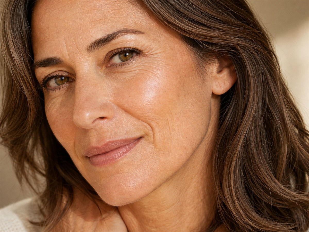 Close-up of a woman's face in her late 40s showing natural, healthy skin texture along the cheekbone and eye area