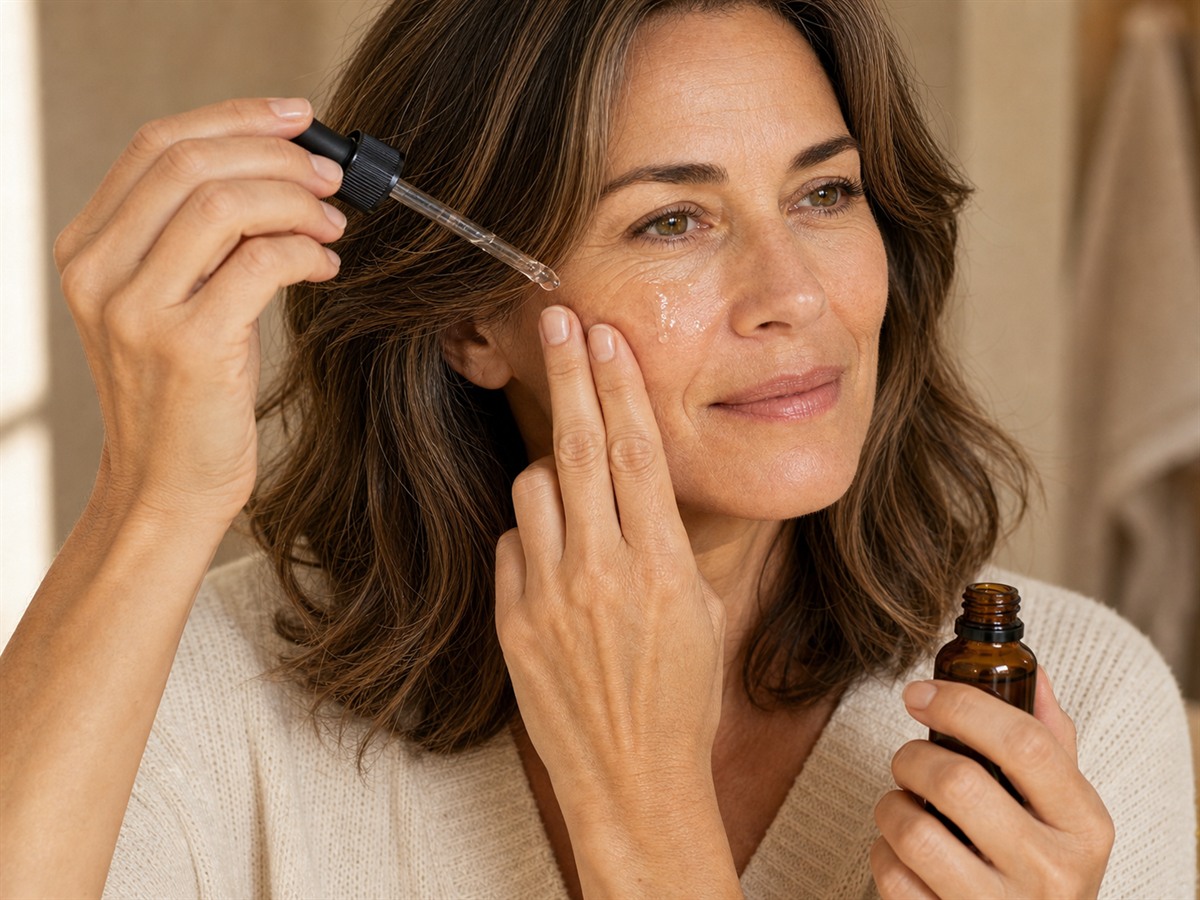 Woman applying clear SoluRetinol serum to her cheekbone with two fingertips, amber dropper bottle in her other hand